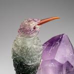 Genuine Polished Hand Carved Fluorite Hummingbird on a Amethyst Point (4.5"h)