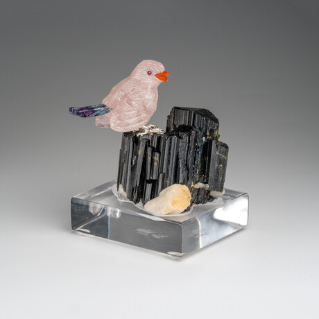 Genuine Polished Hand Carved Fluorite Finch on a Black Tourmaline (3"h)