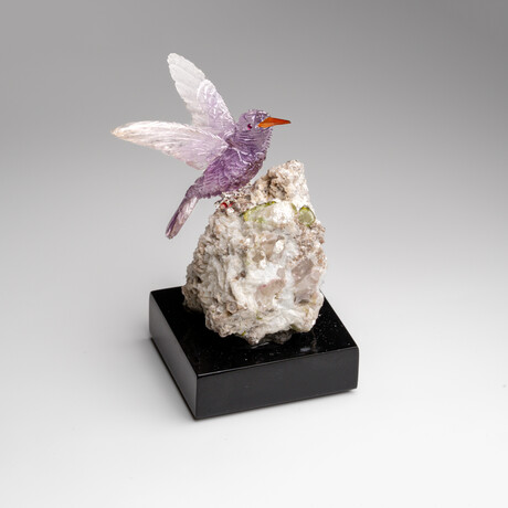 Genuine Polished Hand Carved Fluorite Hummingbird on a Green Tourmaline in Albite Matrix (4.5"h)