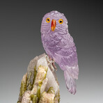 Genuine Polished Hand Carved Fluorite Owl on a Green Tourmaline in Quartz Matrix (4"h)