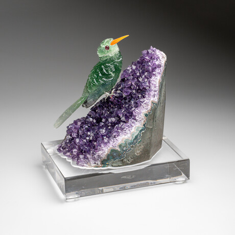 Genuine Polished Hand Carved Fluorite Hummingbird on a Amethyst Geode (5"h)