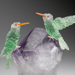 Genuine Polished Hand Carved Fluorite Hummingbirds on a Amethyst Point (4.5"h)