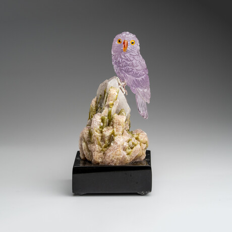 Genuine Polished Hand Carved Fluorite Owl on a Green Tourmaline in Quartz Matrix (4"h)