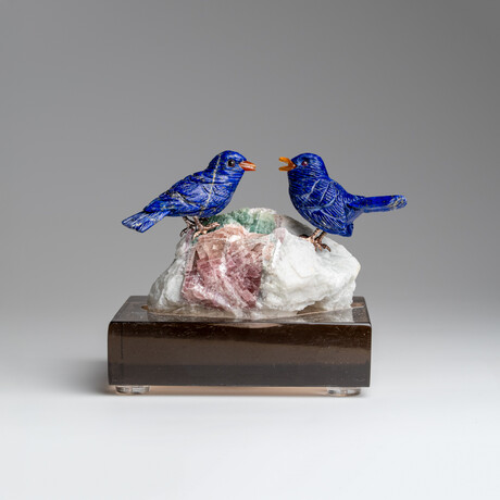 Genuine Polished Hand Carved Lapis Finches on a Watermelon Tourmaline in Albite Matrix (3"h)