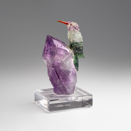 Genuine Polished Hand Carved Fluorite Hummingbird on a Amethyst Point (4.5"h)