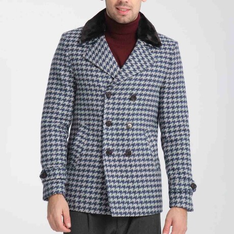 Nailshead Notch Collar Double Breasted Gray Short Coat // Gray + Dark Blue (S)