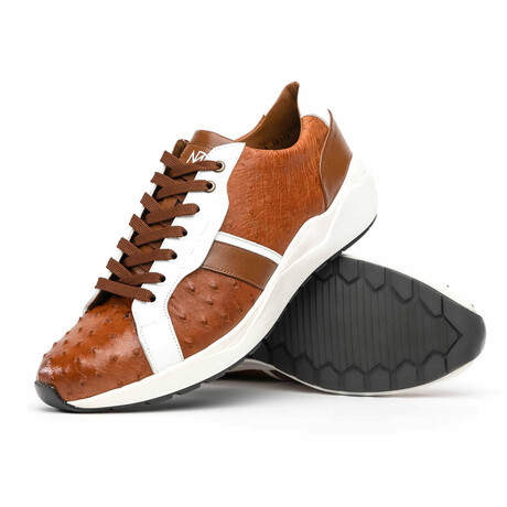 Lyon II // Ostrich Quill Leather Sneakers // Brandy + White (US: 8)