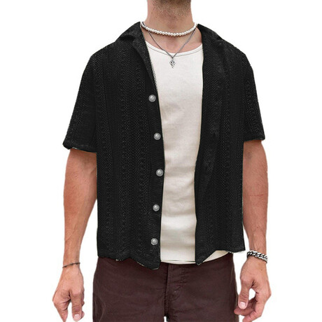 Knit Hollow Button Down Shirt // Black (XS)