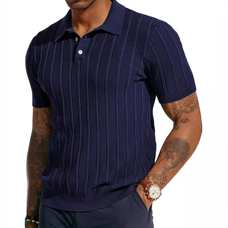 Rib Knit Polo Shirt // Navy Blue (XS)