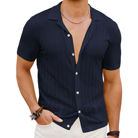 Knit Button-Down Shirt // Navy Blue (XS)