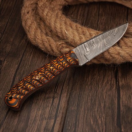 8" Handmade Yellow Grooved Handle // Damascus Steel Hunting Knife // Leather Sheath