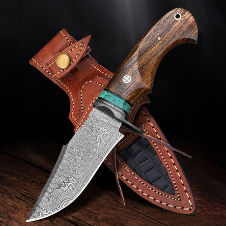 10"  Wood + Turquoise Handle // Damascus Knife // Leather Sheath