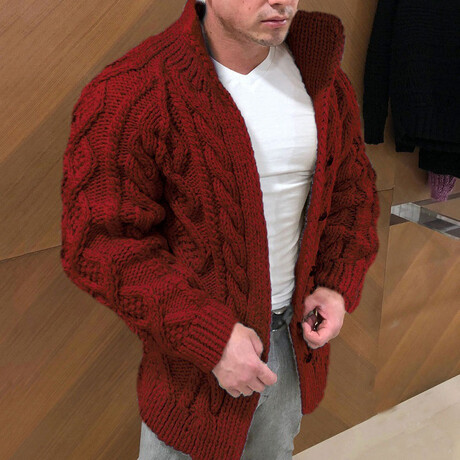 Shawl Collar Cable Knit Cardigan // Burgundy (XS)