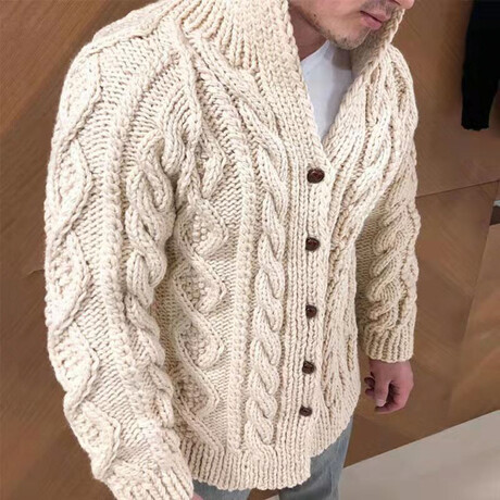 Shawl Collar Cable Knit Cardigan // Beige (XS)