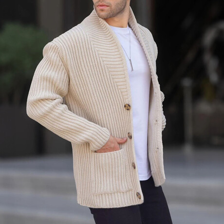 Shawl Collar Striped Knit Cardigan // Beige (XS)