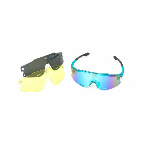 Unisex // Kubi Sport // 3 Piece Magnetic Shield Sunglasses // Turquoise + Clear Yellow + Gradient Gray  + Mirroed Blue