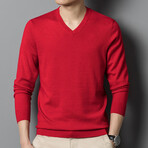Solid V-Neck Pullover // Red (L)