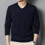 Solid V-Neck Pullover // Navy Blue (XL)