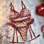 4 Piece Heartstrings Embroidered Lingerie Set // Red (L)