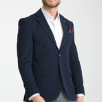 Slim Fit Notch Collar Double Button Plain Blazer // Navy Blue (Euro: 56)