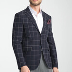 Slim Fit Notch Collar Double Button Windowpane Blazer // Navy Blue (Euro: 54)