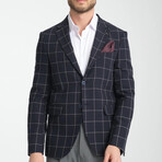 Slim Fit Notch Collar Double Button Windowpane Blazer // Navy Blue (Euro: 54)
