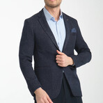 Slim Fit Notch Collar One Button Splat Patterned Blazer // Navy Blue (Euro: 52)