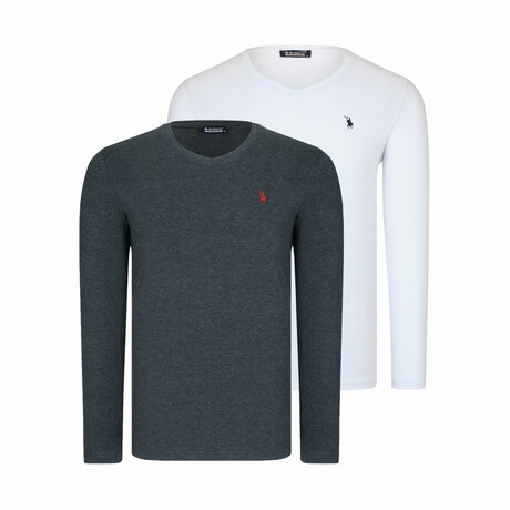 Set of 2 V-Neck Knit Tops // White + Anthracite (S)