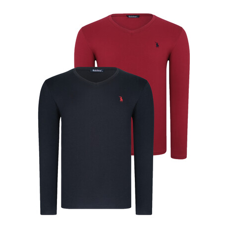 Set of 2 V-Neck Knit Tops // Burgundy + Black (S)