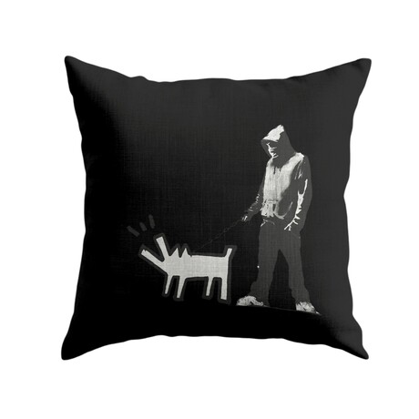 Banksy Inspired Keith Herring Dog Black Double Sided Print Pillow - Stuffed (18" x 18")