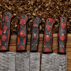 Damascus Steel Chef Knife // Set of 5 // Red Wood Handle