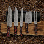 Damascus Steel Chef Knife // Set of 5 // Red Wood Handle
