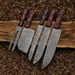 Damascus Steel Chef Knife // Set of 5 // Red Wood Handle