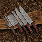 Damascus Steel Chef Knife // Set of 5 // Red Wood Handle