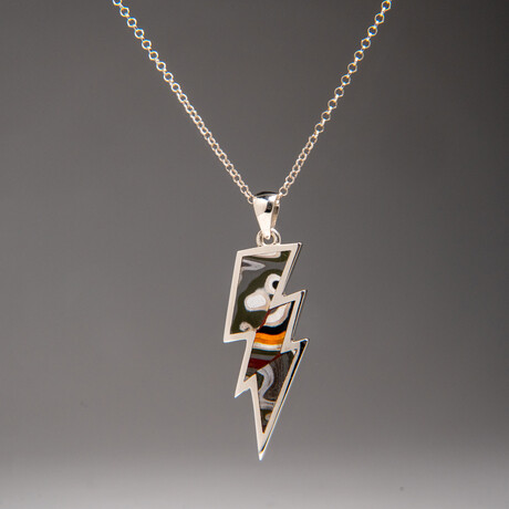 Genuine Fordite Lightning Bolt Sterling Silver Pendant with 18" Sterling Necklace