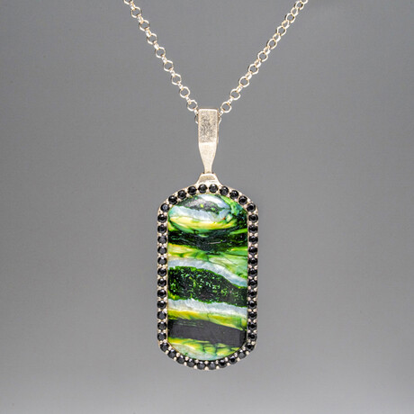 Genuine Fordite, Black Diamond Dog Tag Pendant with 18" Sterling Silver Chain