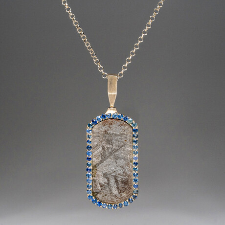 Genuine Muonionalusta Meteorite, Blue Sapphire Dog Tag Pendant with 18" Sterling Silver Chain