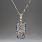 Genuine Muonionalusta Meteorite, Blue Sapphire Dog Tag Pendant with 18" Sterling Silver Chain