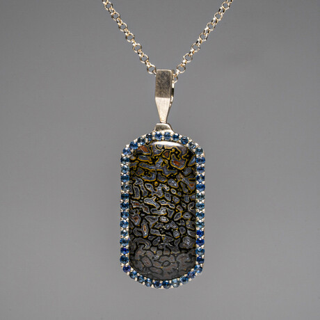 Genuine Dinosaur Bone, Blue Sapphire Dog Tag with 18" Sterling Silver Chain