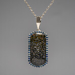 Genuine Dinosaur Bone, Blue Sapphire Dog Tag with 18" Sterling Silver Chain