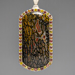 Genuine Dinosaur Bone, Pink and Yellow Sapphire Dog Tag with 18" Sterling Silver Chain