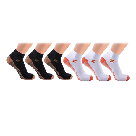 6 Pairs // Copper-Infused Ankle Compression Socks // Black + White (Small/Medium)