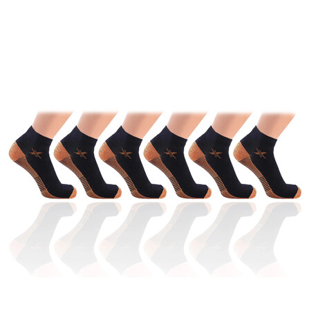 6 Pairs // Copper-Infused Ankle Compression Socks // Black + Brown (Small/Medium)