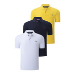 Set of 3 Short Sleeve Polo with Logo //  Dark Blue + White + Yellow (S)