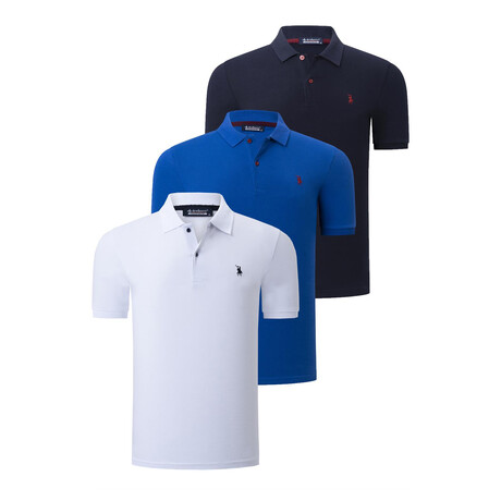 Set of 3 Short Sleeve Polo with Logo //  Dark Blue + White + Sax (S)