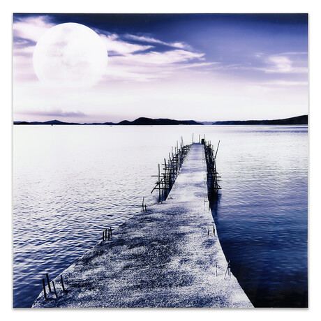 Pier with Moon Rising Frameless Free Floating Reverse Printed Tempered Art Glass Wall Art