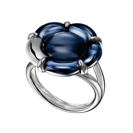 Baccarat B Flower Thin Silver Crystal Ring // Ring Size: 5 // Blue