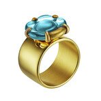 Baccarat B Flower Wide Gold Vermeil Crystal Ring // Ring Size: 6.25 // Light Blue