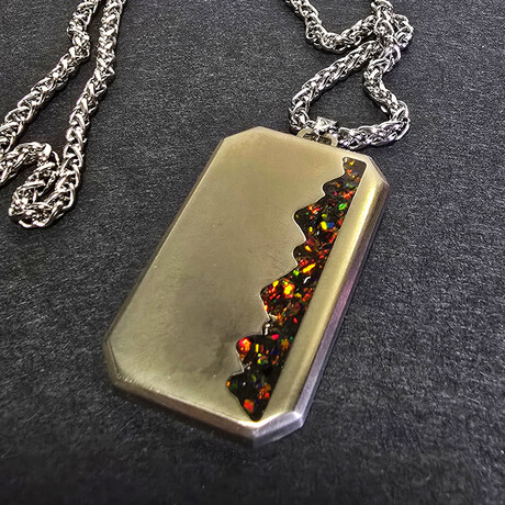 Titanium Dog Tag Pendant // Black Fire Opal, Green UV, Mountain Design (23"L Necklace)