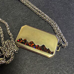 Titanium Dog Tag Pendant // Black Fire Opal, Green UV, Mountain Design (23"L Necklace)